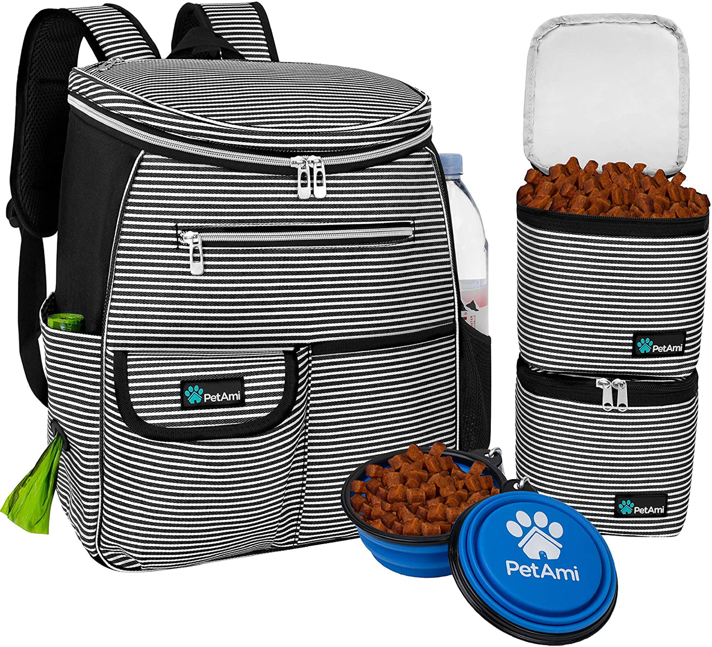 Dog Travel Backpack Organizer with Poop Bag Dispenser, Food Storage, and Collapsible Bowl - Adjustable Pet Travel Set for Hiking, Black Striped Design, One Size