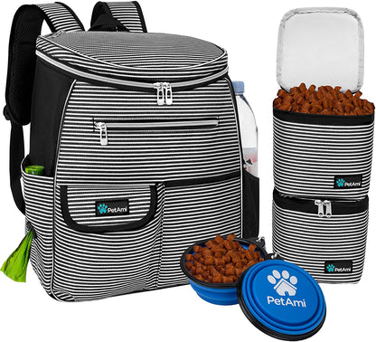 Dog Travel Backpack Organizer with Poop Bag Dispenser, Food Storage, and Collapsible Bowl - Adjustable Pet Travel Set for Hiking, Black Striped Design, One Size