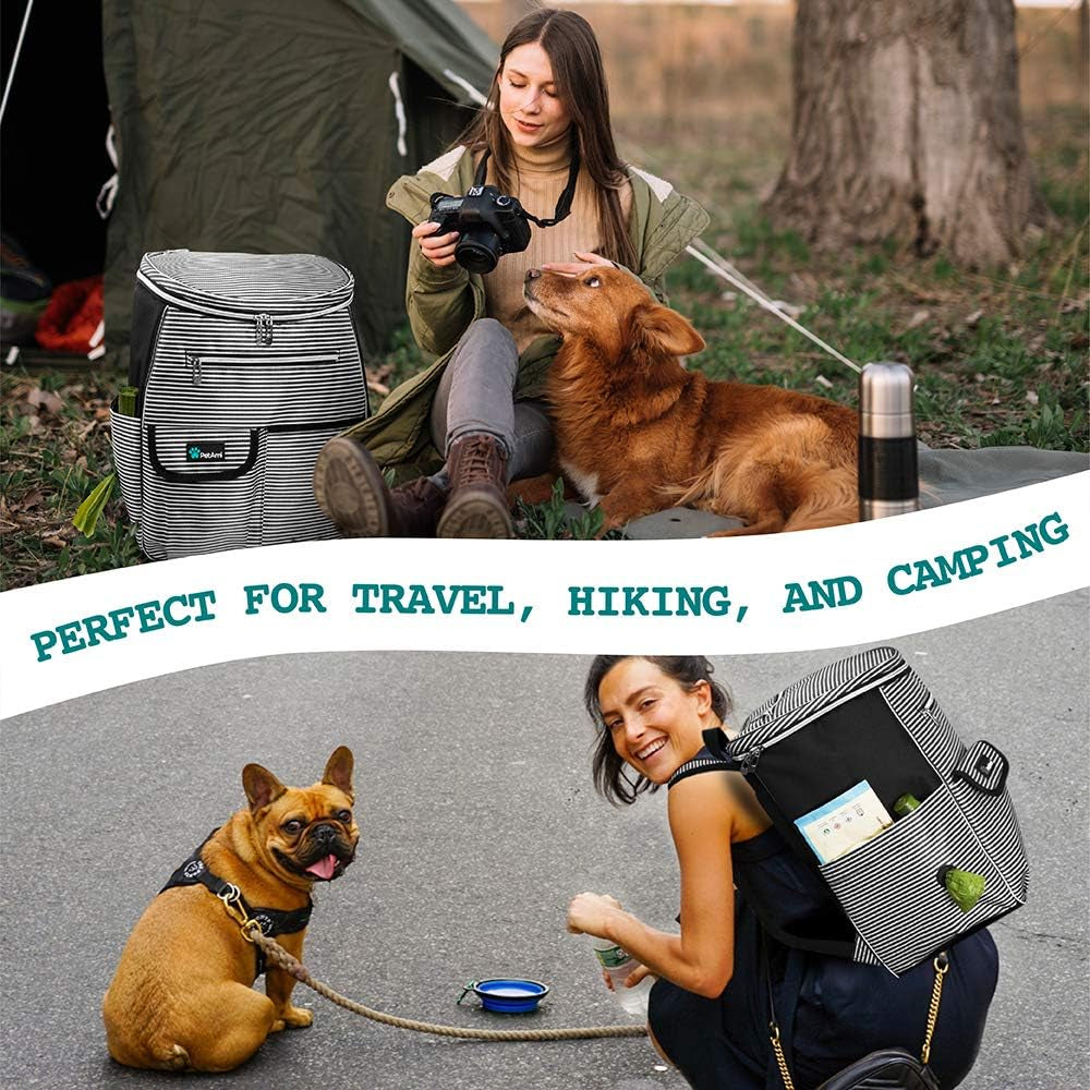 Dog Travel Backpack Organizer with Poop Bag Dispenser, Food Storage, and Collapsible Bowl - Adjustable Pet Travel Set for Hiking, Black Striped Design, One Size