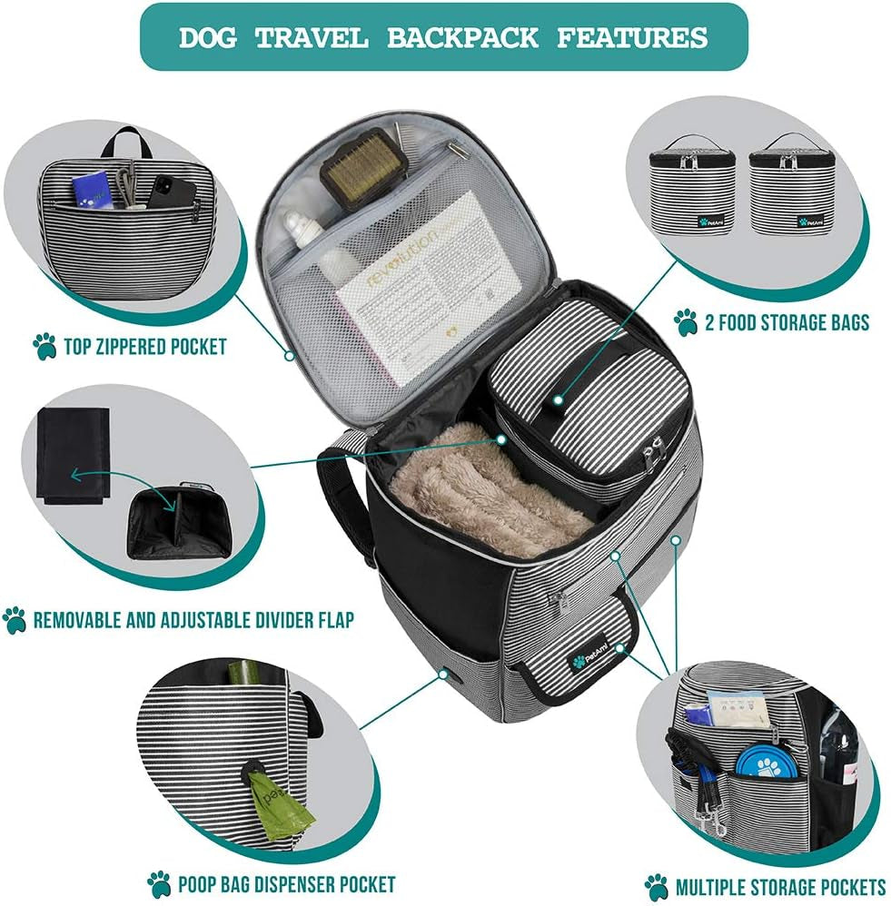 Dog Travel Backpack Organizer with Poop Bag Dispenser, Food Storage, and Collapsible Bowl - Adjustable Pet Travel Set for Hiking, Black Striped Design, One Size