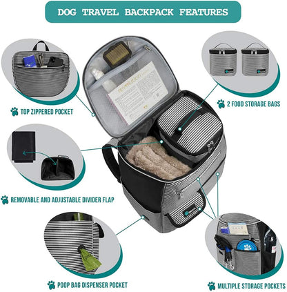Dog Travel Backpack Organizer with Poop Bag Dispenser, Food Storage, and Collapsible Bowl - Adjustable Pet Travel Set for Hiking, Black Striped Design, One Size