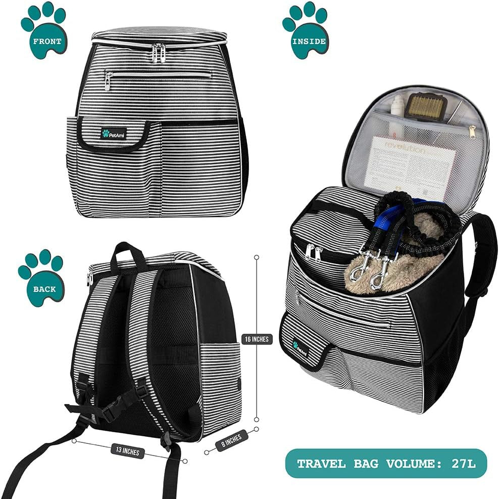 Dog Travel Backpack Organizer with Poop Bag Dispenser, Food Storage, and Collapsible Bowl - Adjustable Pet Travel Set for Hiking, Black Striped Design, One Size