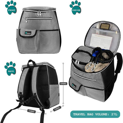 Dog Travel Backpack Organizer with Poop Bag Dispenser, Food Storage, and Collapsible Bowl - Adjustable Pet Travel Set for Hiking, Black Striped Design, One Size