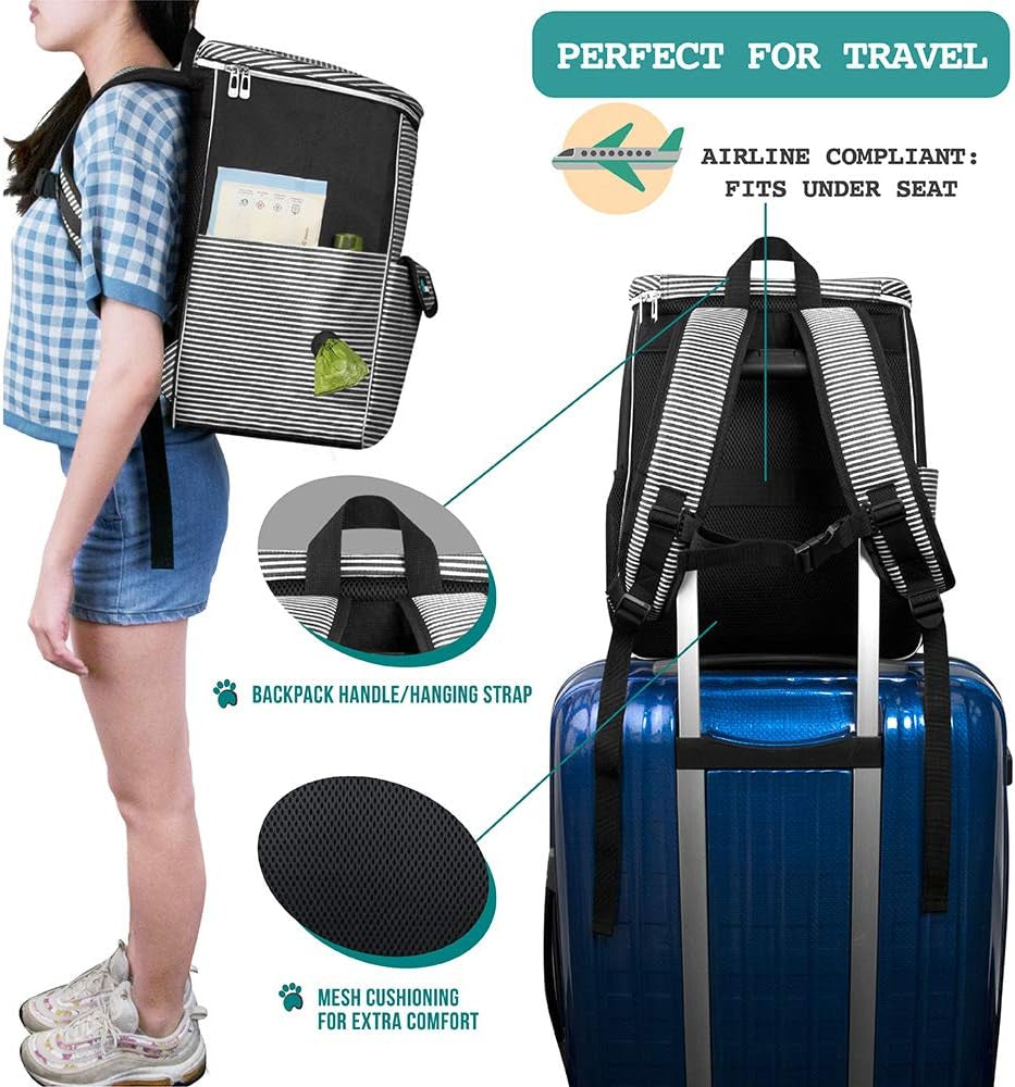 Dog Travel Backpack Organizer with Poop Bag Dispenser, Food Storage, and Collapsible Bowl - Adjustable Pet Travel Set for Hiking, Black Striped Design, One Size